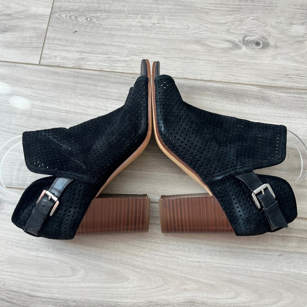 Sam Edelman Easton Perforated Suede Peep Toe Booties Black 8.5 Block Heel Buckle - Picture 4 of 10